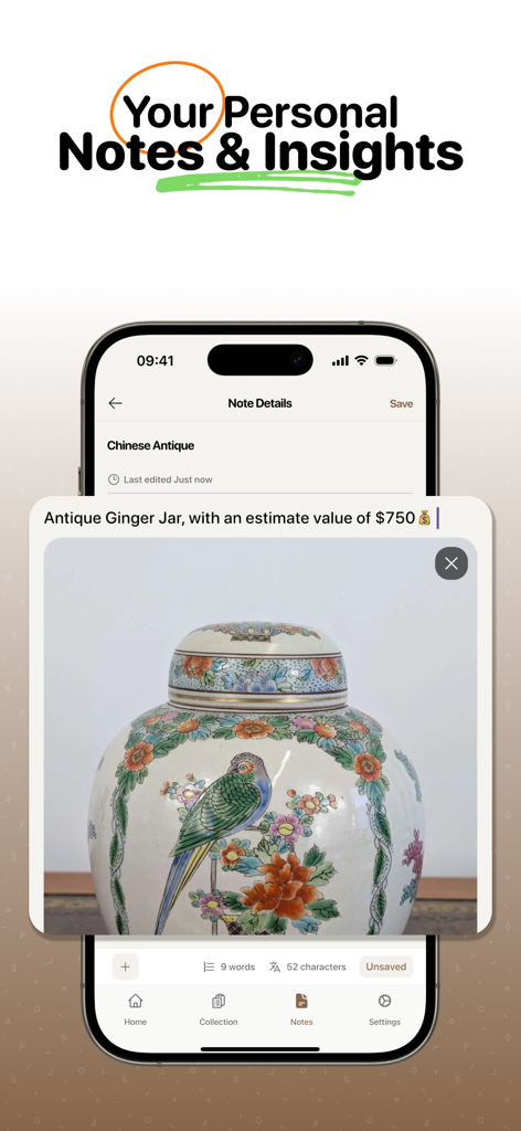 Antique Identifier - Relic AI - Relic AI app screen for personal notes and insights on an antique ginger jar
