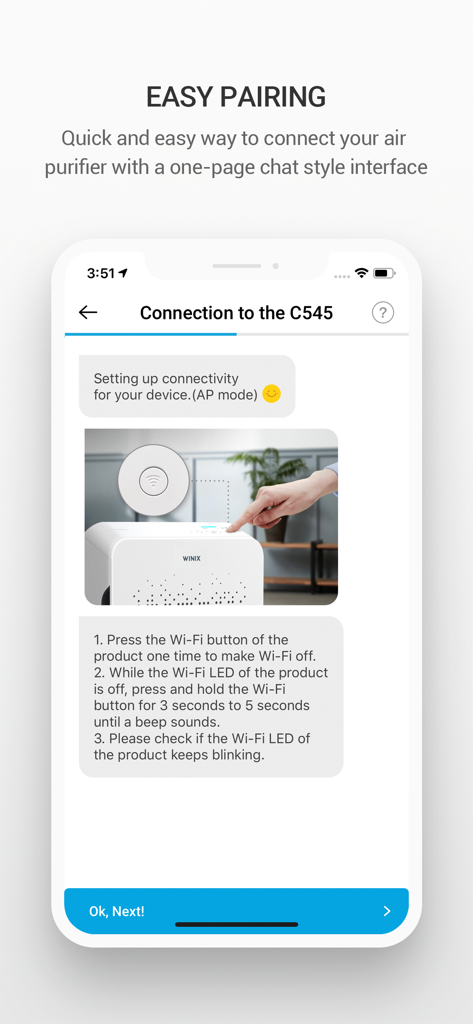 Pantalla de la aplicación Winix Smart mostrando la interfaz de emparejamiento fácil para conectar un purificador de aire a Wi-Fi
