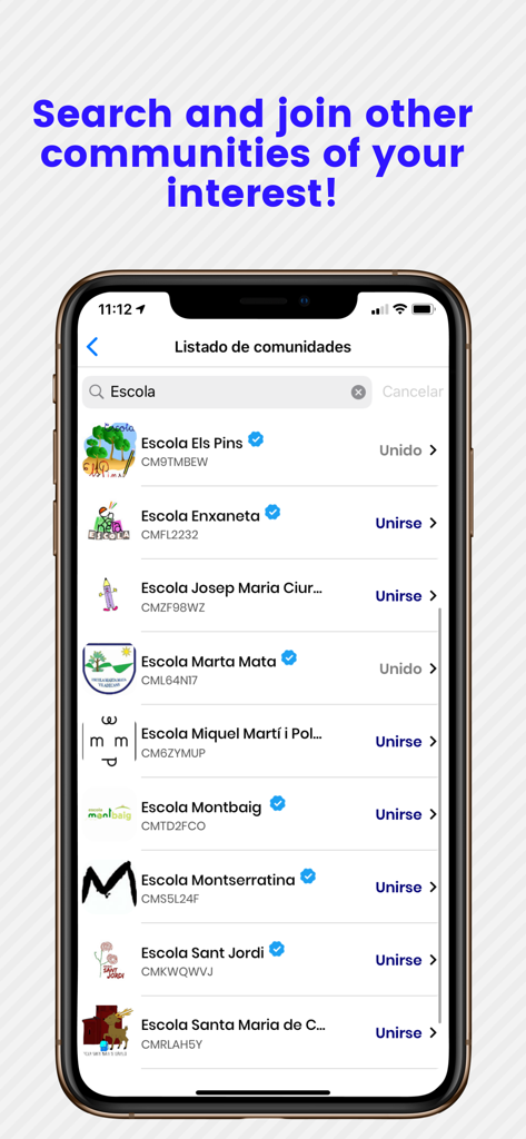 Tellfy - Pantalla de búsqueda en la aplicación Tellfy mostrando una lista de comunidades y grupos escolares verificados a los que unirse.