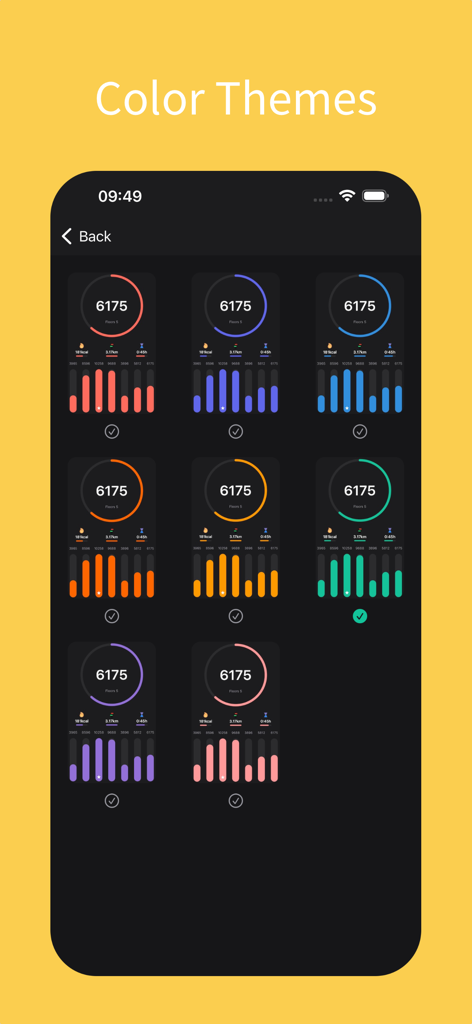 Steps Counter - Pedometer app - Una variedad de temas coloridos para el panel de la aplicación de podómetro Steps Counter