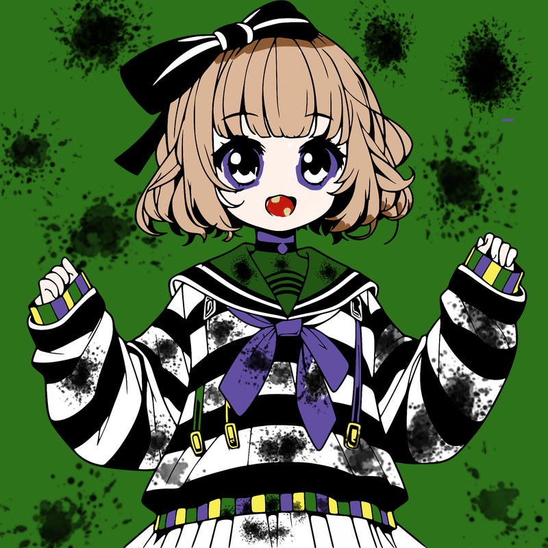 a realistic anime girl dressed up as beetle juice