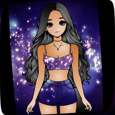 a realistic girl with long hair and in a crop top and shprts