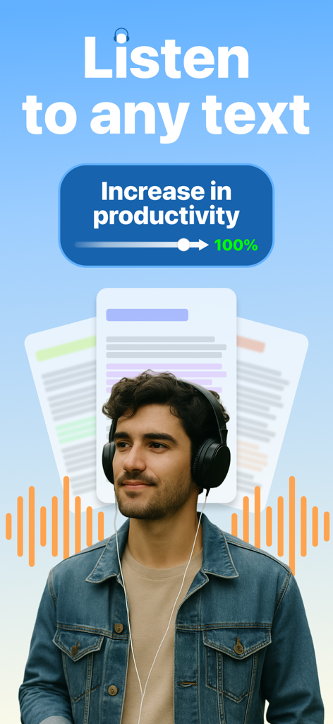 Ein Mann mit Kopfhörern hört Text zur Produktivitätssteigerung.