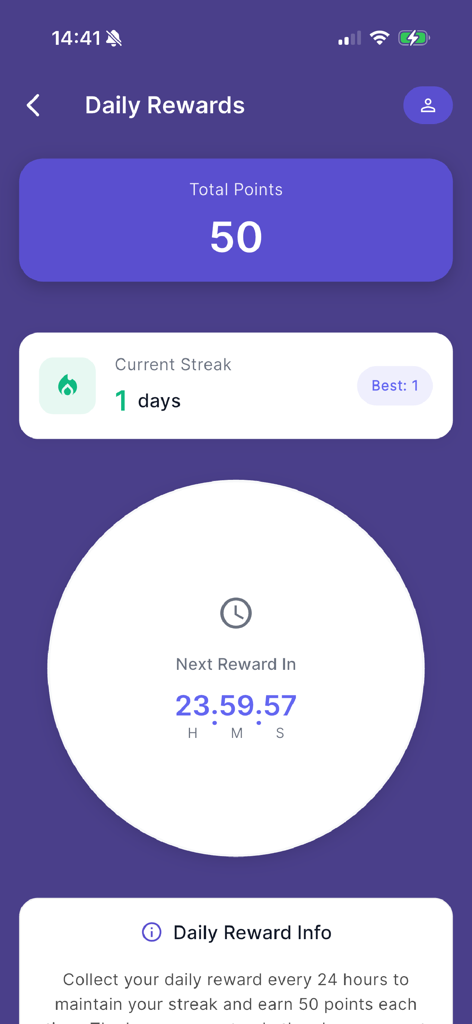 Daily rewards screen showing total points streak and countdown timer in the Get RBX Points app