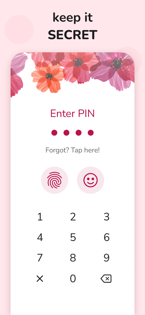 Schermata di accesso sicura per l'app di monitoraggio del ciclo con tastierino PIN e opzioni di autenticazione biometrica.
