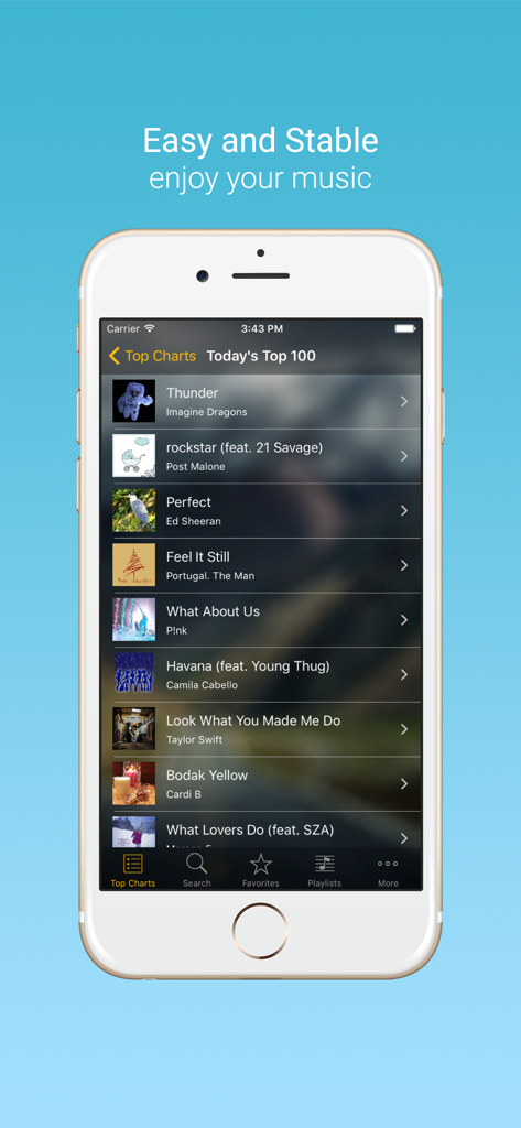A screenshot of the Music Player app on an iPhone showing the Today's Top 100 music chart with popular songs like Thunder and rockstar.