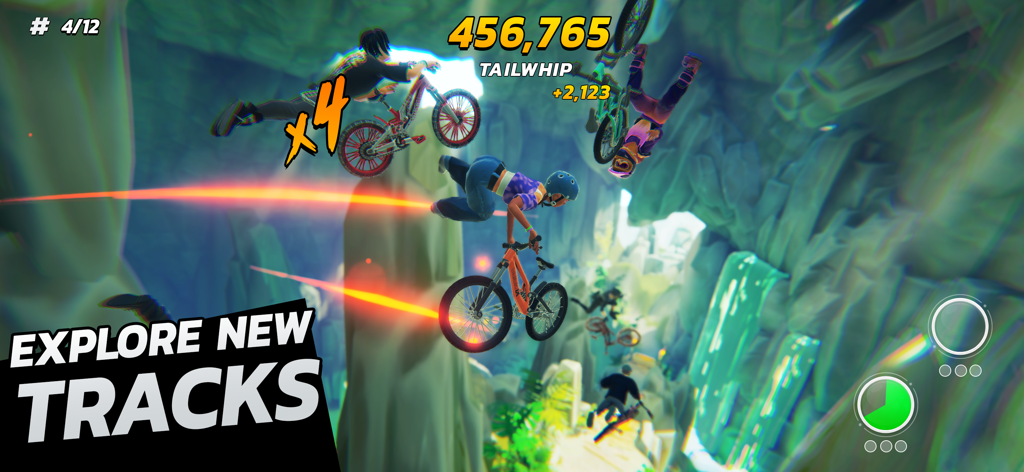 Touchgrind BMX 3: Rivals - 바위 협곡 트랙에서 테일윕과 같은 공중 트릭을 수행하는 여러 라이더.