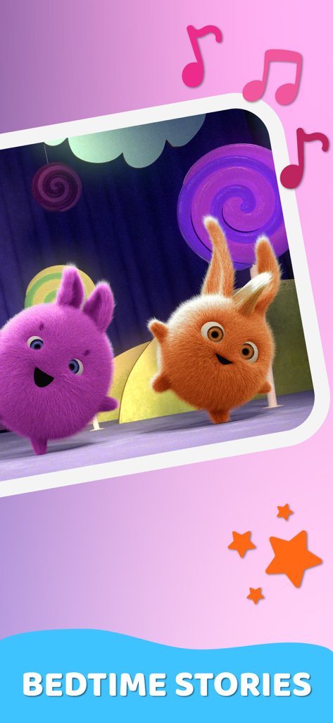 Niedliche animierte Charaktere auf einer Bühne, die Gute-Nacht-Geschichten für Kinder bewerben