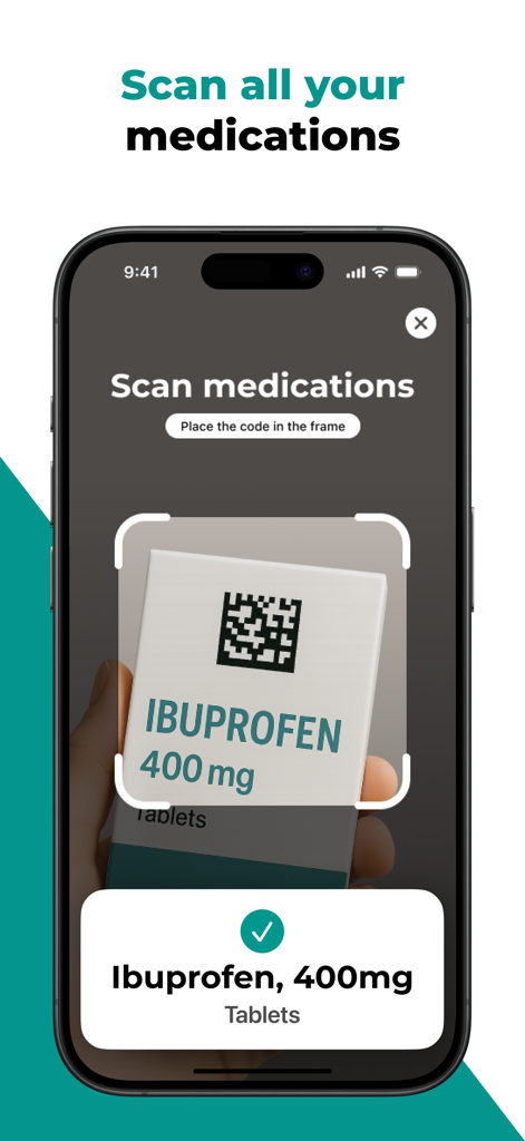 Un smartphone utilisant AppyCare pour numériser une boîte d'ibuprofène 400 mg