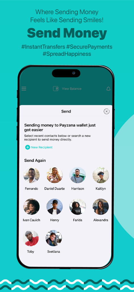 Payzana - Payzana app interface showing the Send Money screen with a list of recent contacts for quick p2p transfers