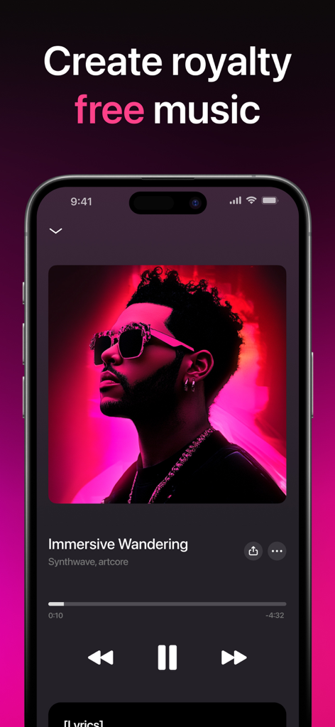 Interfaccia dell'app generatore di musica AI per creare canzoni royalty free