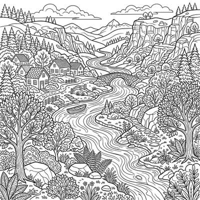 Immerse yourself in the tranquility of nature with this captivating river valley coloring page, specially designed for teens. Discover charming houses, a winding river, and a picturesque stone bridge awaiting your creative touch.