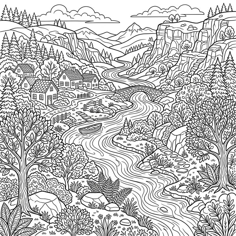 Immerse yourself in the tranquility of nature with this captivating river valley coloring page, specially designed for teens. Discover charming houses, a winding river, and a picturesque stone bridge awaiting your creative touch.