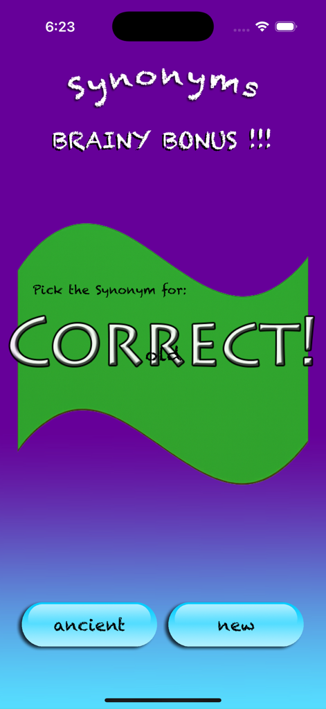 Brainy Skills app screen showing a large Correct message for a synonym quiz question about the word old