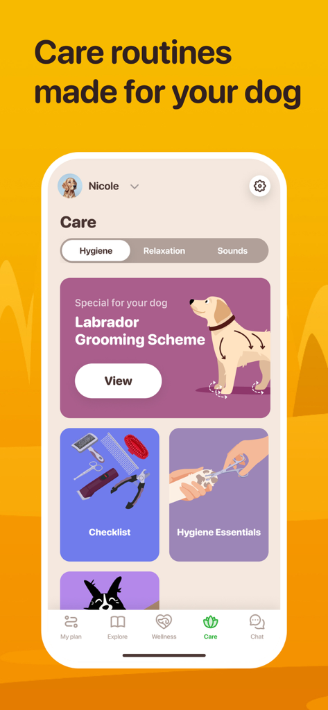 Woofz - Puppy and Dog Training - The Woofz app interface displaying dog care routines including grooming schemes and hygiene essentials.