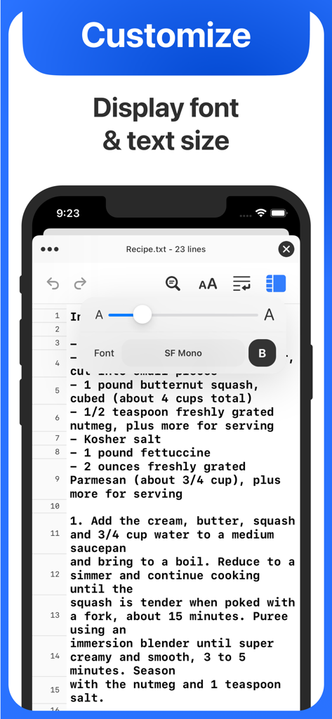 Interfaccia che mostra le opzioni per personalizzare il font di visualizzazione e la dimensione del testo nell'app editor di testo.