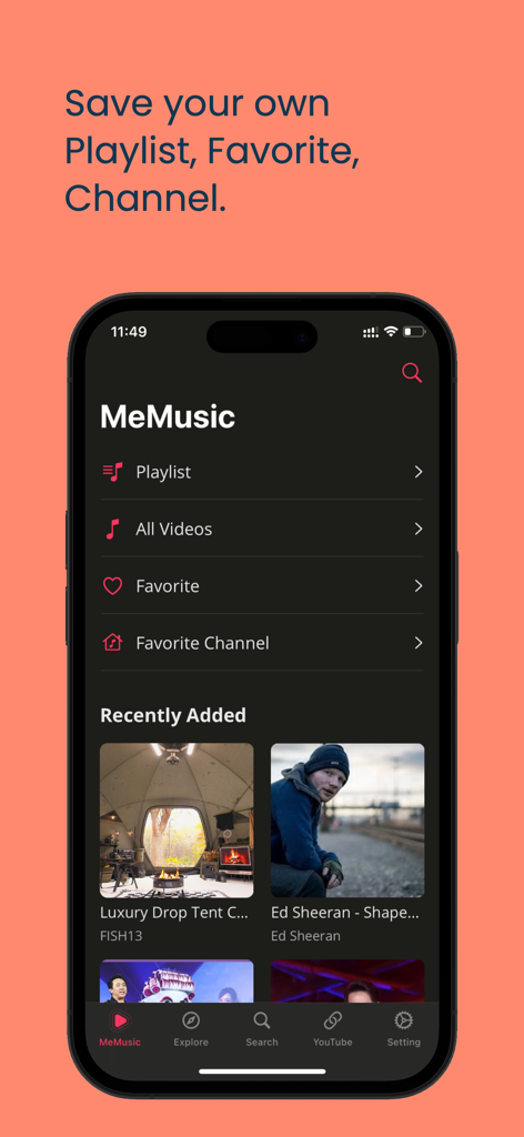 MeMusic - Stream Music, Video - MeMusic app interface showing the menu for playlists and favorites with a recently added videos section
