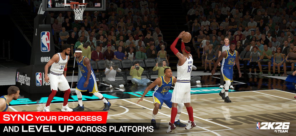 NBA 2K26 MyTEAM - 농구 점프슛과 크로스 플랫폼 진행 메시지를 보여주는 NBA 2K26 MyTEAM 게임 플레이