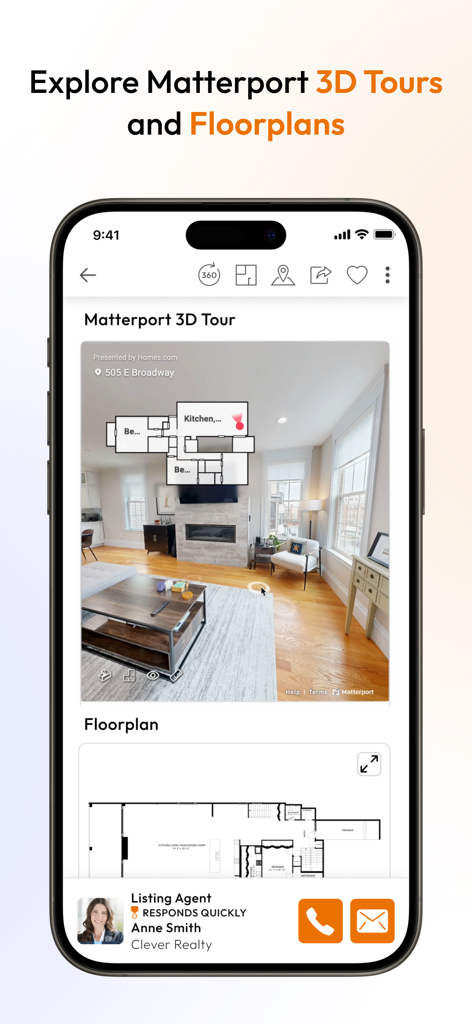 Smartphone screen displaying the Homes.com app with a Matterport 3D tour and a detailed property floorplan.