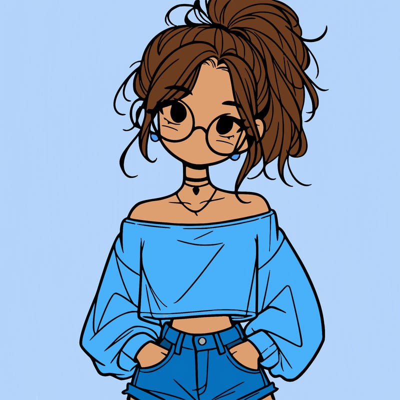 girl with a messy ponytail glasses a baggy crop top and jean shorts