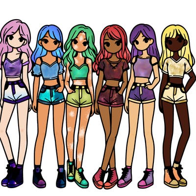 a group of girls wearing crop tops and shorts