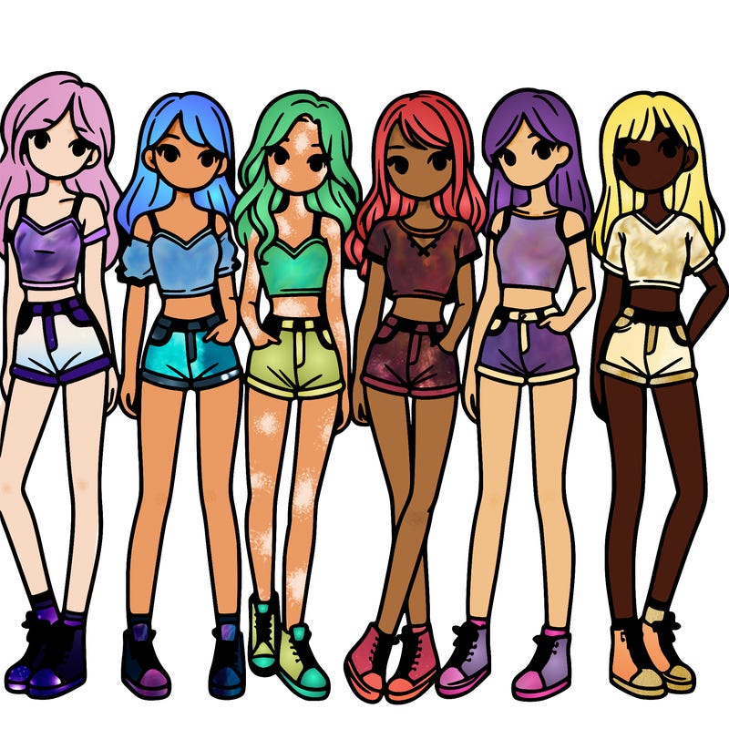 a group of girls wearing crop tops and shorts