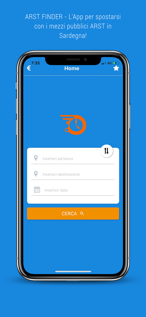 Arst Finder - Premium - Home screen of the Arst Finder Premium app featuring a search interface for public transport in Sardinia.