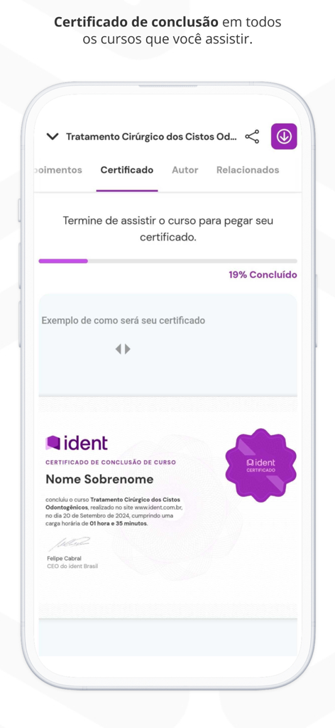 Mobile screen showing a sample course completion certificate and progress bar in the Ident dental app.