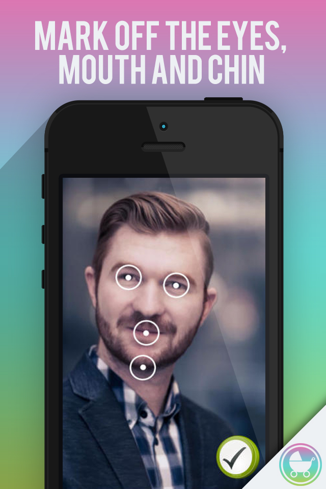Baby Maker - See Your Future Child, Mix Mom & Dad Faces, and Make Beautiful Babies - Interface of the Baby Maker app showing markers on a man's eyes mouth and chin