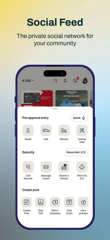 Mygate Premium - 방문자 관리 보안 알림 및 커뮤니티 소셜 피드 옵션을 보여주는 Mygate Premium 앱 화면