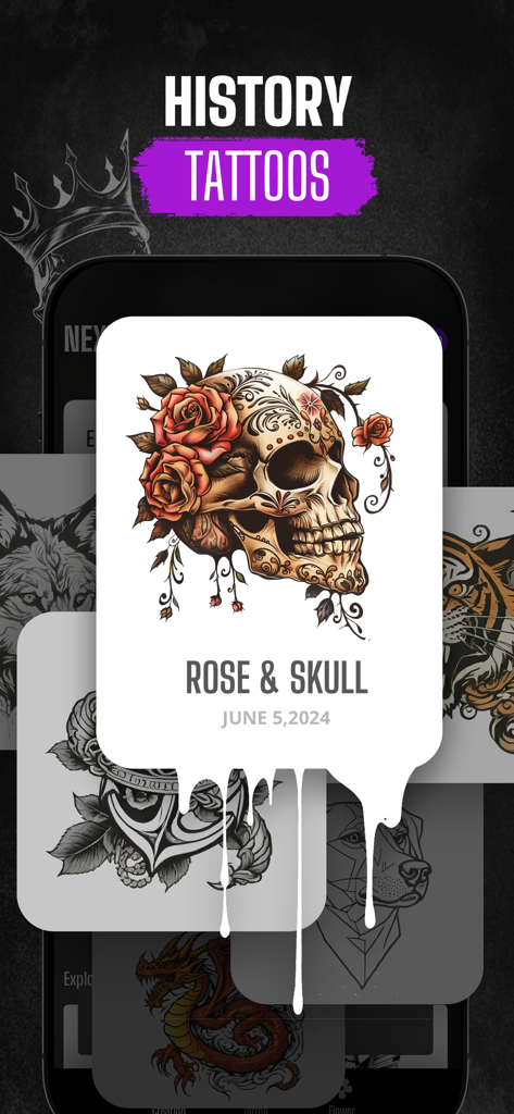 Next Ink: AI Tattoo Design - Next Ink app history screen displaying a collection of generated tattoo designs including a rose and skull.