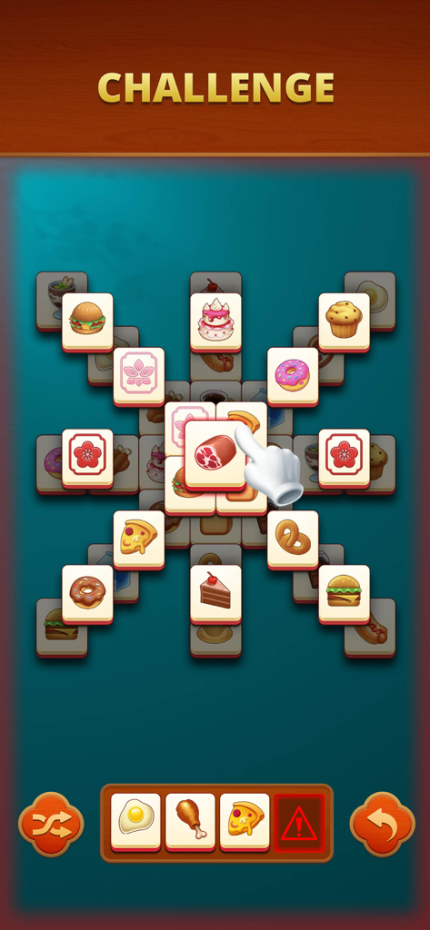 Mahjong Match - Pair Puzzle - Gameplay-Screenshot von Mahjong Match mit essensbezogenen Kacheln und einer Tutorial-Hand, die ein Stück auswählt.