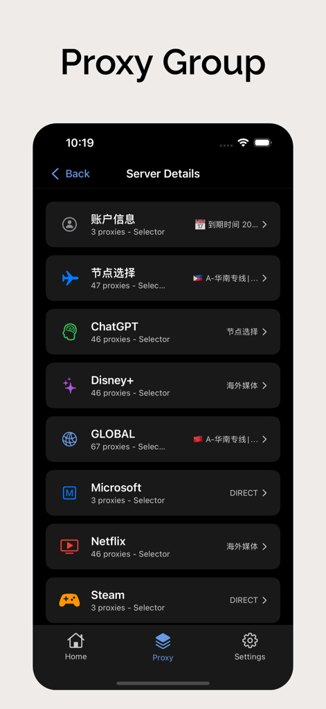 ClashX Pro - Server Manager - ClashX Pro Proxy Group screen showing custom routing rules for various apps like Netflix and ChatGPT