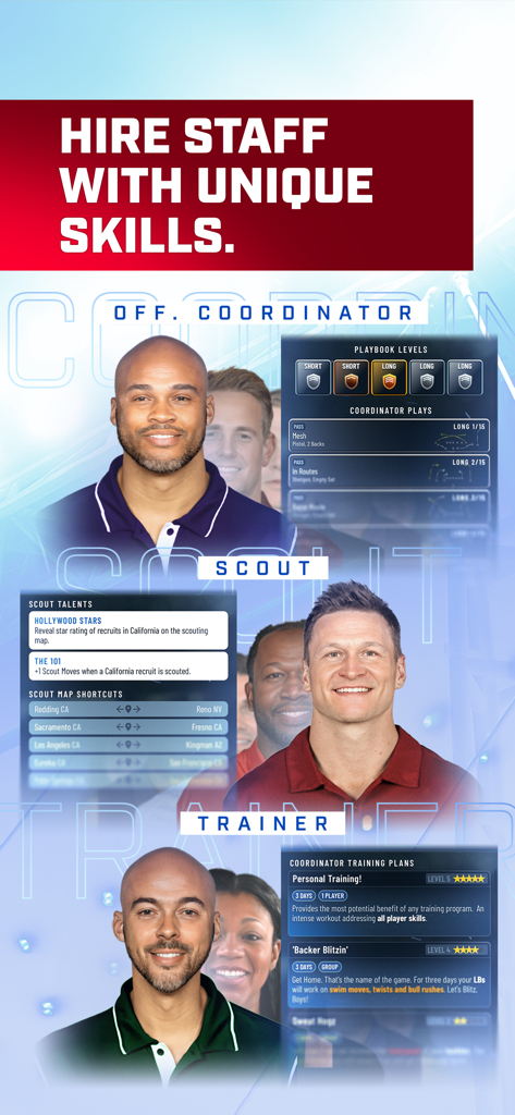 The Program: College Football - A game screen showing options to hire offensive coordinators scouts and trainers with unique skills and attributes for a college football team
