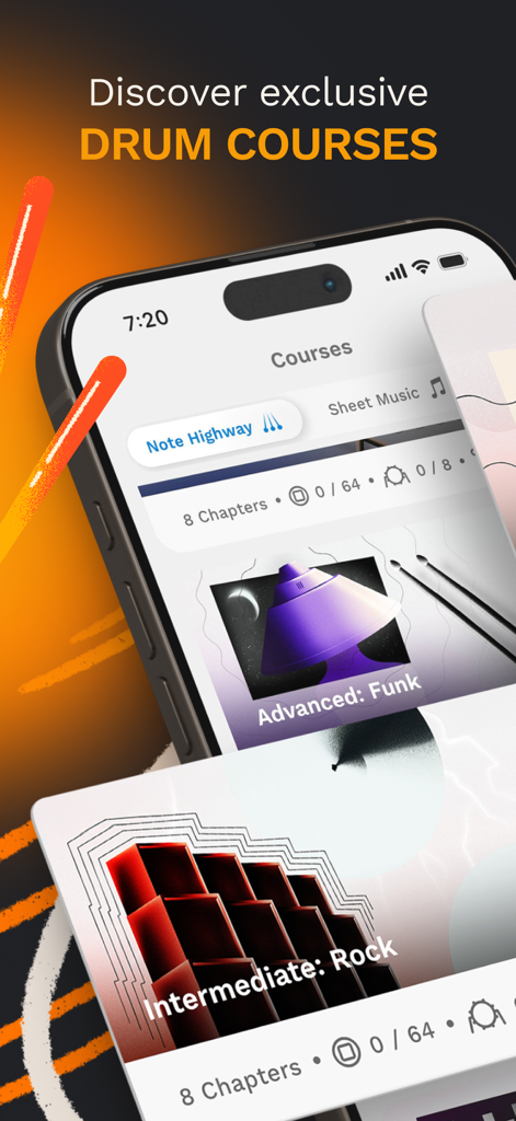 Beatlii: Drum Lessons - Beatlii app interface showing exclusive drum courses for funk and rock with Note Highway and Sheet Music options.