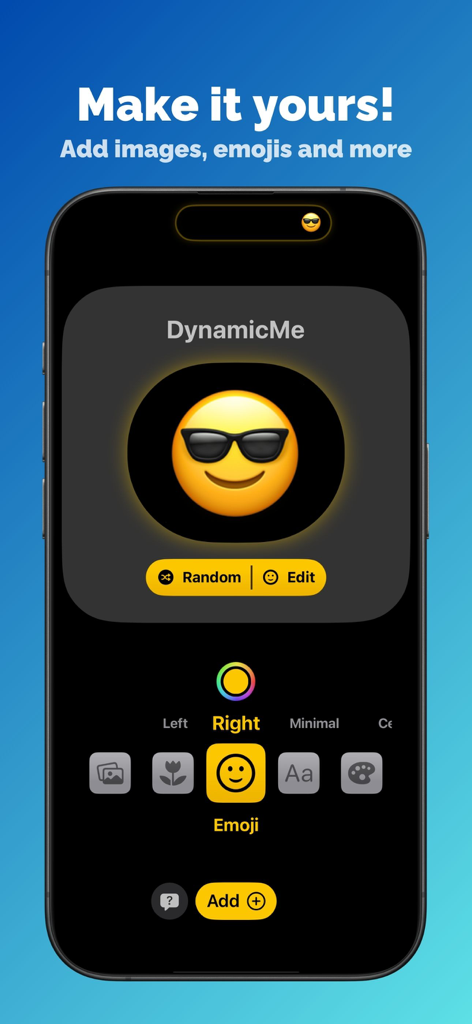 DynamicMe - 다이나믹 아일랜드 사용자 지정을 위해 선글라스 이모티콘을 추가하기 위한 DynamicMe 앱 인터페이스를 보여주는 아이폰 화면