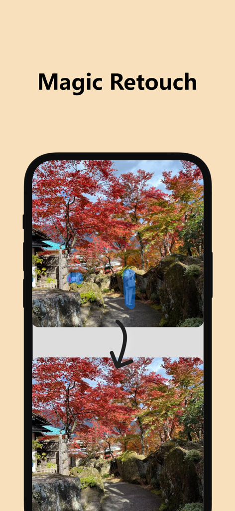 Magic Photo - TouchRetouch - Comparación de antes y después que muestra la eliminación de personas de una foto escénica de otoño usando la función Magic Retouch.