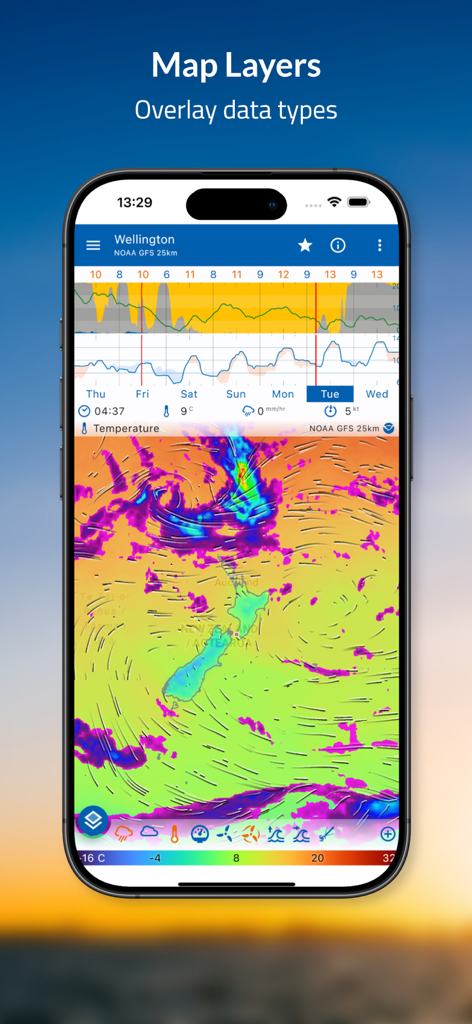 Flowx - Weather - Flowx weather app interface displaying interactive map layers and forecast data graphs on a mobile screen