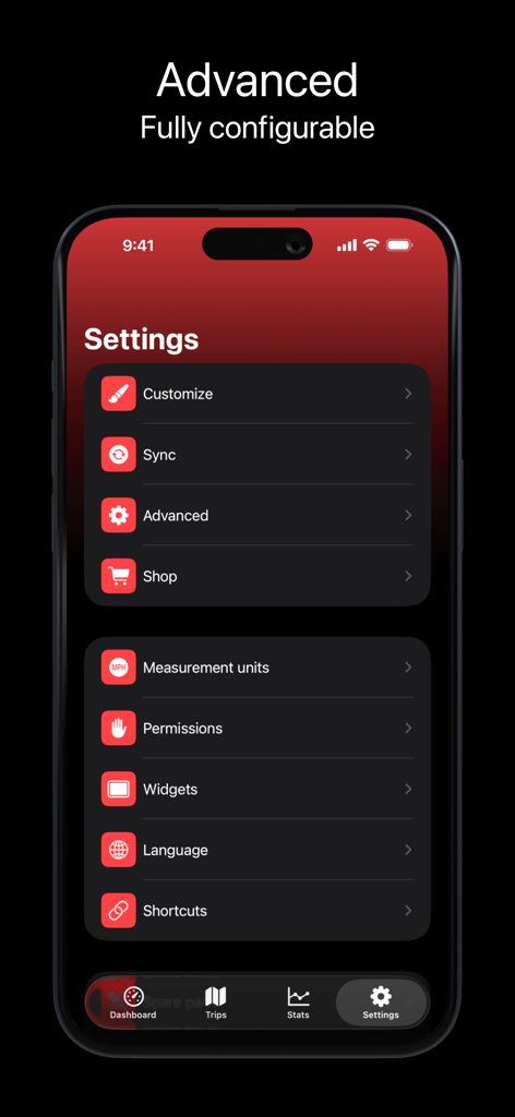 L'écran des paramètres de l'application Scooter Tools pour scooters électriques, doté d'une interface en mode sombre et d'options de personnalisation.