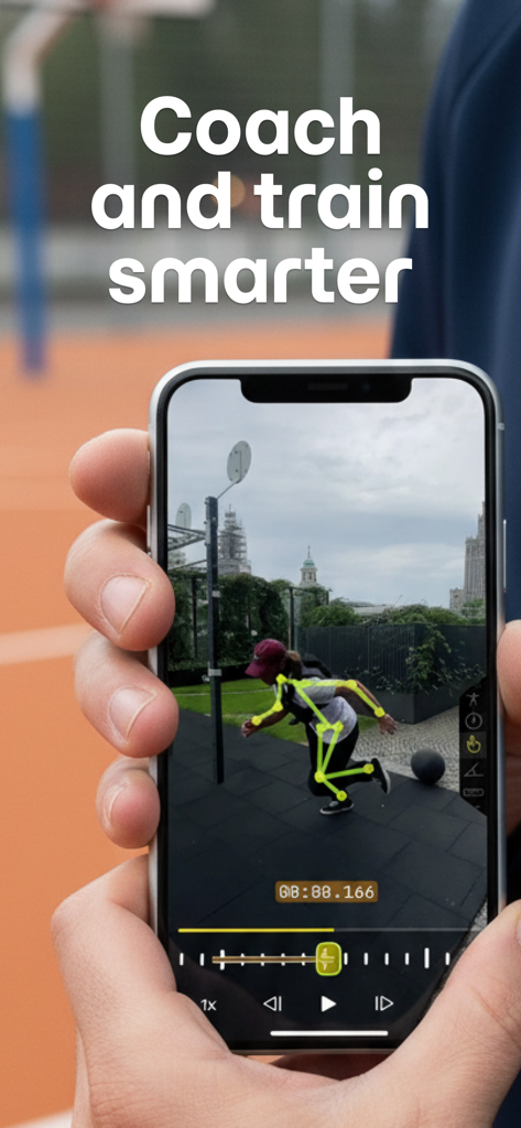 KineVision -  Video Coaching - Smartphone screen showing KineVision skeleton mode for biomechanical running analysis