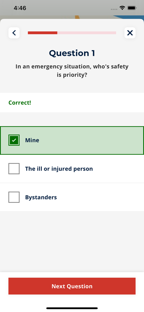 First Aid - IFRC - Screenshot of the First Aid IFRC app showing a multiple choice quiz question about emergency safety priority