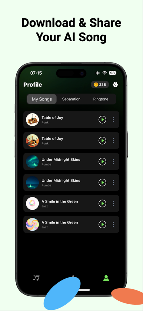 Profile screen of the AI Song Generator app showing a library of created songs with play buttons and genre labels