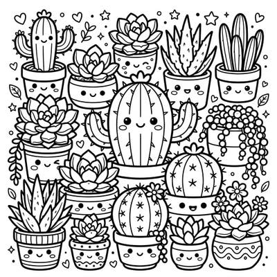 Dive into a charming world of desert flora with our Kawaii Cacti & Succulents coloring page. Each plant and pot features an adorable smiling face, ready for your creative touch.