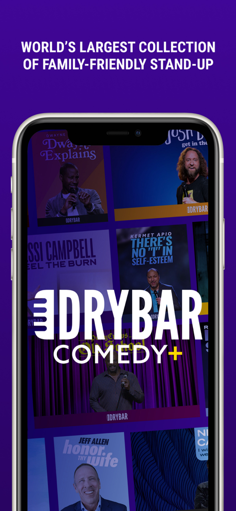 Dry Bar Comedy+ - Dry Bar Comedy app on iPhone showing a collection of family friendly stand up comedy specials