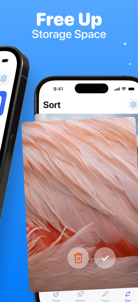 Ai Storage Cleaner・Clean Up - Interfaz de la aplicación Ai Storage Cleaner mostrando una función de clasificación de fotos para liberar espacio con opciones de eliminar y conservar