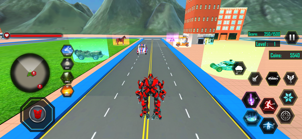 Flying Plane Robot Fighting 3D - Un personaje robot rojo de pie en una carretera de la ciudad con montañas al fondo y elementos de la interfaz del juego que incluyen salud, puntuación y botones de transformación.