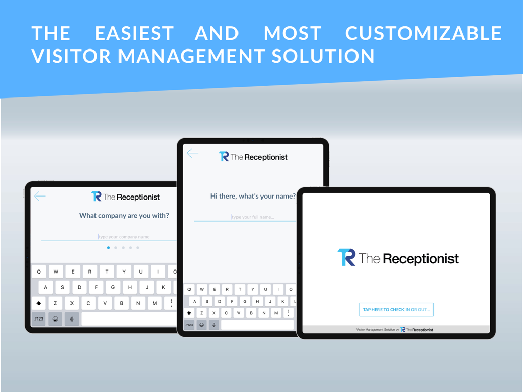 The Receptionist for iPad visitor management solution displayed on three iPad screens showing the check in process