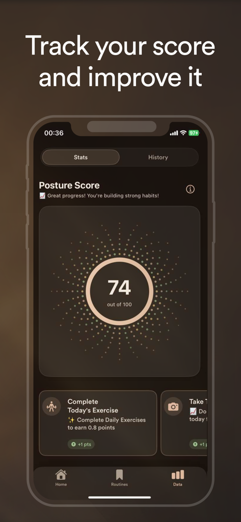 UpWise - Fix Posture Now - Interface of UpWise app showing a posture score of 74 and progress tracking metrics