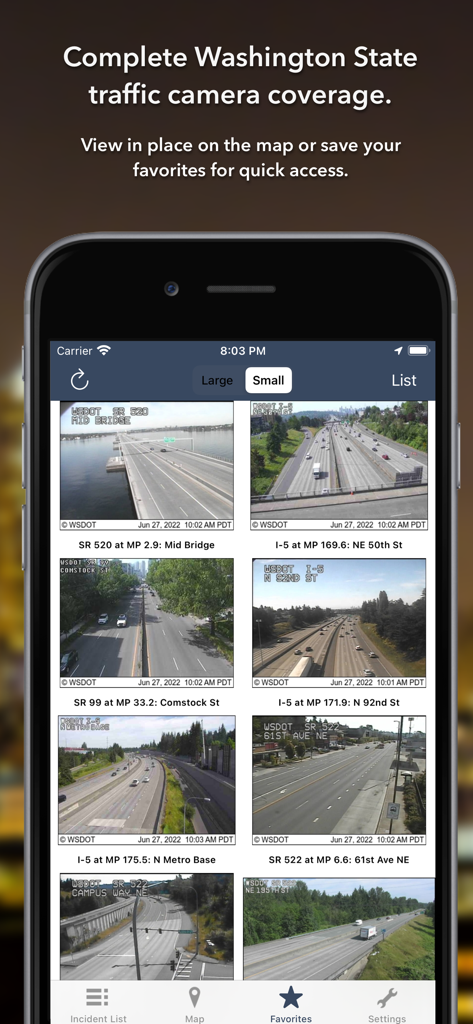 Grid view of real time traffic camera feeds for Washington State highways including I-5 and SR-520