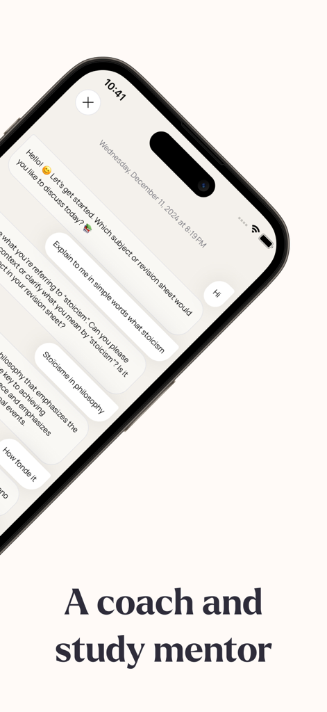 Quiztr - Revision Sheets - Screenshot dell'app Quiztr che mostra un'interfaccia di chat di un tutor di studio AI per l'apprendimento di materie come la filosofia.
